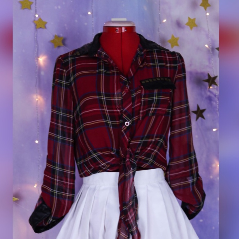 Plaid sheer crop blouse pleather collar and cuffs